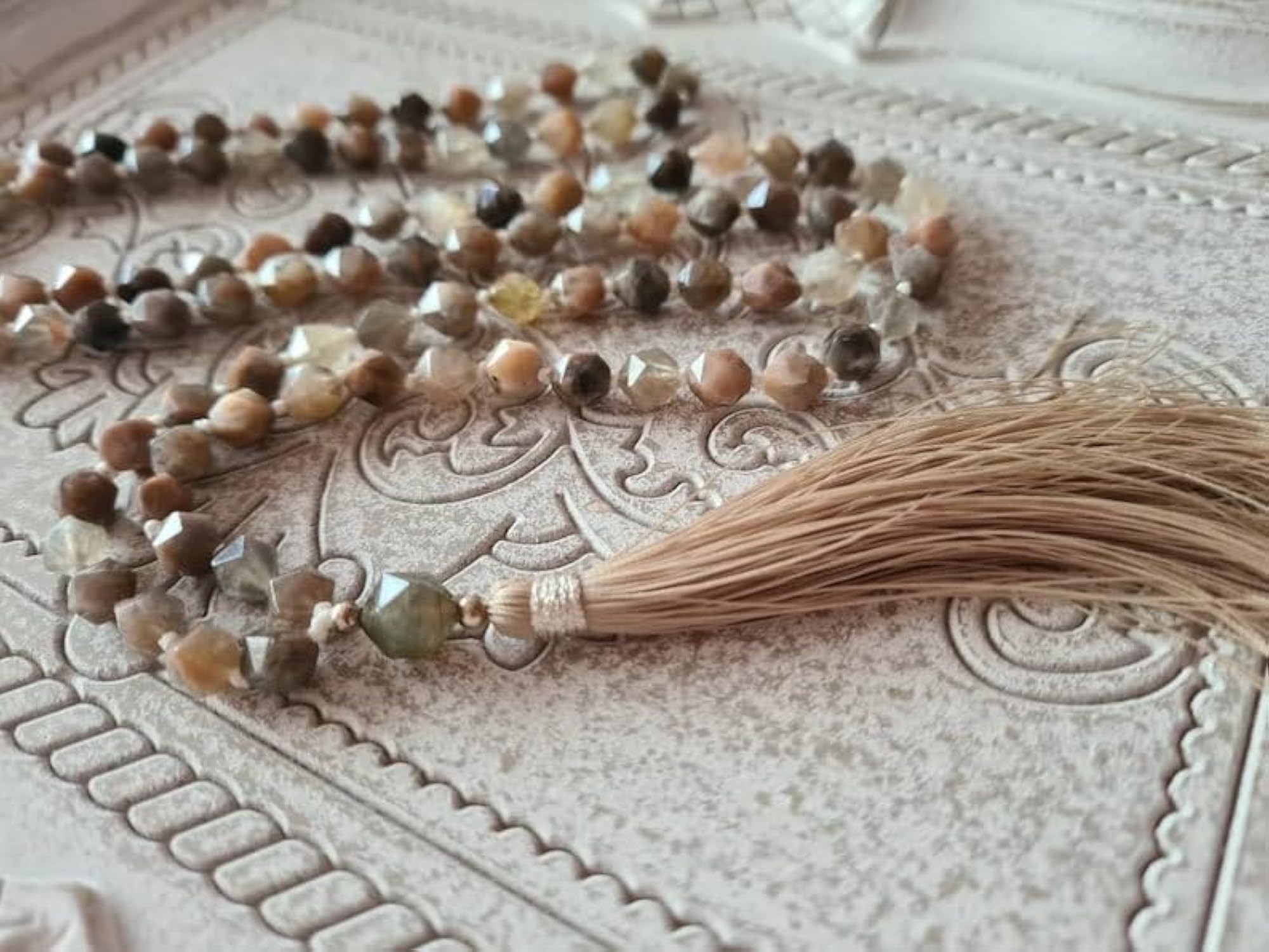 Natural Grey Sunstone & Labradorite 6MM Round Beaded Handmade Prayer Mala Necklace
